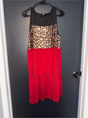 Sleeveless Tiered Dress with Leopard Print and Red Skirt